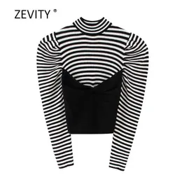 Zevity Kobiety Vintage Color Mathing Patchwork Paski Knitting Sweter Ladies Puff Skeeve Swetry Chic Swetry Topy S306 210603