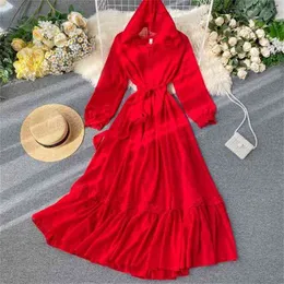 Vintage Women Kleid Boho Dress Autumn Long Sleeve Hooded es Elegant Ladies High Waist Red Maxi Vestidos 210525