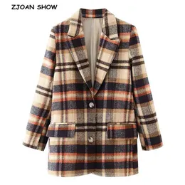 Boyfriend Wełniana mieszanka Check Plaid Blazer Szeroki Ramię Chic Kobiety Z Długim Rękawem Loose Suit Casual Coat Storage 210429