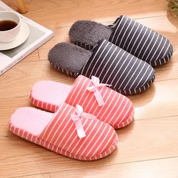 Slippers 2021 Winter Cotton Home Women Women Indoor Simple japonês listrado laço macio tênis de chão para quarto