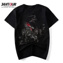 Kinesisk stil Varumärke Kortärmad bomull Dragon Broderi T Shirt O-Neck Slim Men Black -Shirt Ops Fashion Mens T Shirts 210716