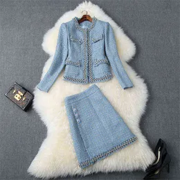 Top Brand Fashion Runway Dress Suit Women's Höst Winter Luxury Pearls Beading Tweed Woolen Jacka och kjol 2 Piece Set Outfit 211119