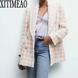 Xitimeao Mulheres Moda Dupla Tweed Tweed Verificar Blazers Casaco Vintage Manga Longa Temperamento Feminino OL Outerwear 220216