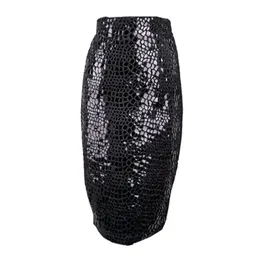 Women Black Sequined Knee Length Bag Hip Skirt Empire High Street Split Autumn Elegant S0297 210514