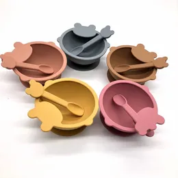 Silicone Bowl Łyżka Zestaw Naczynia Cute Mouse Baby Silica Gel Solid Color Ssanie Miski Ływy Noworodka Niemowlę Berbeć Eat Feeding Sets Gifts B7751