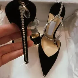 Saeda Y-образная цепочка со стразами, туфли на шпильке, платья для невесты, женская обувь, босоножки на шпильке с пряжкой и острым носком, яркая женская обувь на высоком каблуке с бриллиантовой цепочкой, 9 см