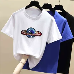 WWENN Yaz T Gömlek Kadın Üstleri Kawaii Sequins Tshirt Kore Giysi Kısa Kollu Rahat Beyaz Pamuk Tee Gömlek Femme 210507