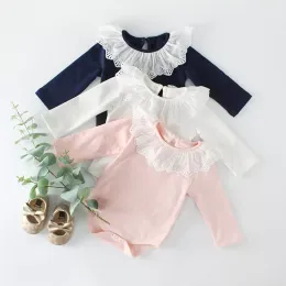 Höst Baby Girl Långärmad Rompers Lace Now-down Collar Jumpsuits Nyfödda Bodysuit Kläder