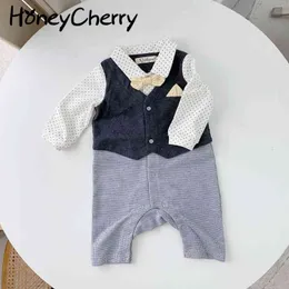 Bahar Bebek Erkek Romper Polka Dot Suit Tulum Yakışıklı Beyefendi Giysileri 210515