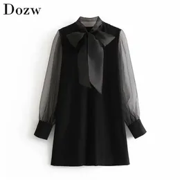 Women Fashion Solid Mini Dress Bow Tie Collar Transparent Black Girl Summer Long Sleeve Casual Sundresses Ropa Mujer 210515