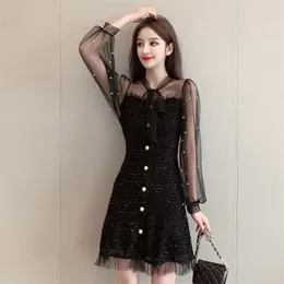 Spring Autumn Women's Dresses Korean Style Sexy Solid Color Net Gauze Beaded Waist Slim Long Sleeve A-line LL617 210506