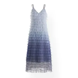 Gradient Blue Cascading Ruffle Spaghetti Strap Sleeveless V Neck Midi Dress Chic Mesh Sweet Cupcake D1343 210514