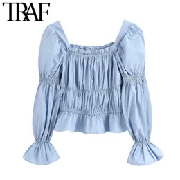 Mulheres Doce Moda Ruffled Blusas Plissadas Vintage Collar Quadrado Longo Feia Camisas Blusas Mujer Chic Tops 210507