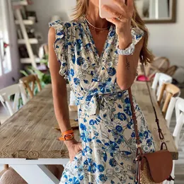 Casual Dresses Summer Ladies 2021 V-Neck Beach Dress Woman Sleeveless Floral Flounced Edge Folds Women's Sashes