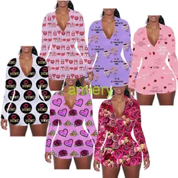 Kadın Tulum Eşofman Tasarımcısı Pijama Moda Ince Seksi V Yaka Harfleri Desen Baskılı Uzun Kollu Şort Tulum 2022 AM12