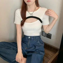 Women's T-Shirt Summer Women Knitted Top Tee O-Neck Cut Out Open Front T-Shirts Slim Fit Short Sleeve Pullover Casual