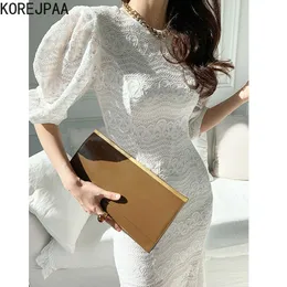 コレヒパアの女性は韓国夏のファッションエレガントな光の風のラウンドネックレーススリムフィットポケットスリーブレディースドレス210526