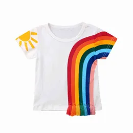 Lioraitiin 1-6years Maluch Nowa Moda Baby Girl Summer T Shirt Krótki Rękaw Rainbow Drukowane Tassel Patchwork Bawełniane Topy G1224