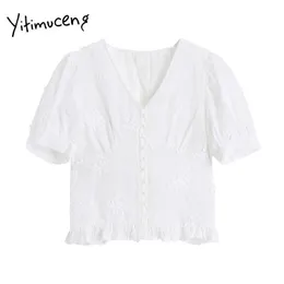 Yitimuceng Weiße Blumenbluse Frauen Rüschen Kurze Hemden Puffärmel V-Ausschnitt Feste Kleidung Sommer Koreanische Mode Tops 210601