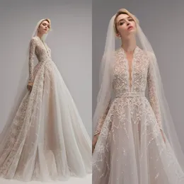 Ersa atelier 2021 vestidos de noiva uma linha v pescoço manga longa renda frisada appliqued vestidos nupciais robe de mariée