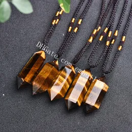Tigers Eye DT Double Terminated Wand Pendant Necklace Magically Charged 6 Facet Gemstone Natural Clear Quartz Crystal Hexagonal Points Prism Chakra Grid Necklaces