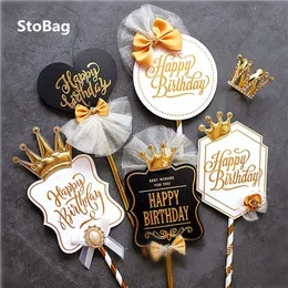 Stobag 10 SZTUK Happy Birthday Biały / Czarny Papier Cake Decoration Card Celebrate Tool Cake Tamping Pieczenia Dostawy Żywności Łuk 210602