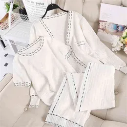 Wysokiej Jakości Jesień Winter Moda Dres Women Three-Piece Knit Cardigan Płaszcz + Koszulka Szerokie spodnie nóg Garnitury Zestaw dorywczo 210514