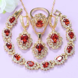 10-Colors Red Garnet Dangle Earrings Necklace Bracelet And Ring Gold Colors Women Costume Flower Jewelry Sets H1022