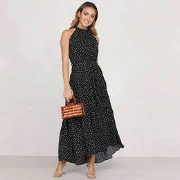 Seksowna Plaża Długa Sukienka Kobiety Letni Print Polka-Dot Pasek Panie Halter Boho Bohemian Dress Kobiety Casual Sundress Vestidos 210521