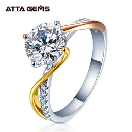 ATTAGEMS 7.5mm 2.0ct D Color Round 18K White Gold Plated 925 Silver Ring Diamond Test Superato gioielli regalo per le donne 211217