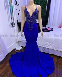 Królewska niebieska satynowa sukienka balowa syrena spaghetti paski Seksowne plecy formalne suknie wieczorowe