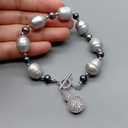 YYGEM Full cz pave gourd Charm natural Cultured Gray Rice freshwater Pearl Black Round Bracelet Toggle Clasp