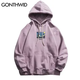 Gonthwid Van Gogh Yıldızlı Gece Baskı Polar Hoodies Tişörtü Streetwear Erkekler Hip Hop Kazak Kapüşonlu Üstleri Erkek Harajuku Jumper 210818