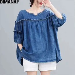 Dimanaf Summer Plus Size Mulheres Blusa Camisa Ruffles Algodão Denim Lady Tops Túnica Loose Plissada Casual Roupas Supersize 5xL 6XL 210719