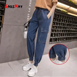 Spring Blue High Waist Cargo Jeans Plus Size Beam Foot Pants Streetwear Elasticated Loose Boyfriend Trousers 210428