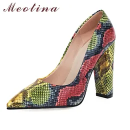 Meotina Snake Print Extreme High Heel Shoes Pointed Toe Fashion Women Pumps Chunky Heels Slip On Party Footwear Ladies Spring 210520