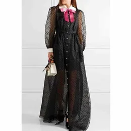 Women Dot Dress Lantern Long Sleeve Bow Collar Chiffon Dress Casual Ladies Black Hollow Out Dresses Vestidos De Festa 210527