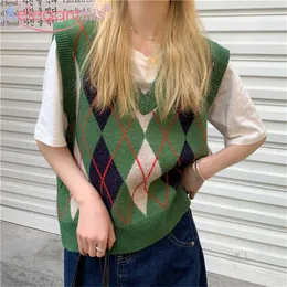 AELEGANTMIS старинные argyle свитер жилет женские красочные вязаные корейские свободные повседневные плед без рукавов скачки женщины Kawaii 210607