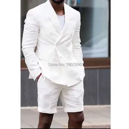 White Linen Summer Mens Suits with Double Breasted Two Piece Slim Fit Short Pants Jacket Casual Fashion Wedding Groom Tuxedo X0909