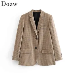 Casual Single Breasted Blazer Women Fashion Houndstooth Plaid Long Sleeve Suit Notched Collar Office Ladies Tweed Jacket Coats 210515