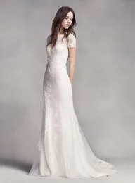 Pełne koronkowe aplikacje Syrenki Suknie Ślubne 2022 Krótkie Rękawy Jewe Neck Plus Size Bridal Party Suknie