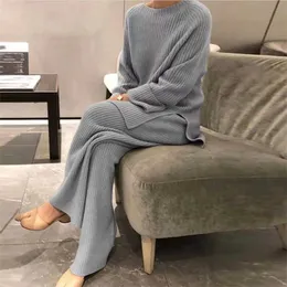 Lady Home Suit Höst Mode Mjuk Casual O-Neck Pullover Toppar + Stickad Pant Homewear Pajama Vinter Solid Kvinnor Två Piece Set 211211