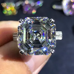 Klaster Pierścionki Wong Rain Luksusowe 925 Sterling Silver 10 CT Asscher Cut Utworzony Moissanite Gemstone Diamenty Ślubne Pierścionek Engagement Fine Jewel