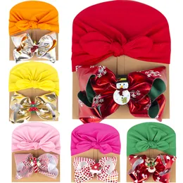 Baby Christmas Hats Caps with Hair Bow Barrette Girls Xmas Bunny Headwraps Hairpin 2pcs Set Infant Kids Solid Color Ears Cover Toddler Beanie Bowknot Clipper KBH76