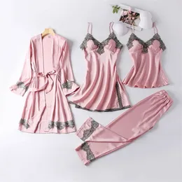 7月の歌4個の女性女性のパジャマセットFaux Silk Pajamas Sleepwearセットエレガントなセクシーなレースファッション春の秋の家庭先210928