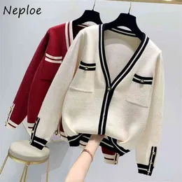 Moda V-Neck Color Sólido Casual Cardigan Mulheres Autumn Sweater Manga Longa Single-Breasted Mulheres Top 210422