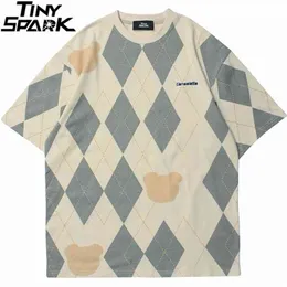 Hip Hop Mens Streetwear T Shirt Embroidery Argyle Bear Hand Tshirt Summer Harajuku Cotton T-Shirt Short Sleeve Tops Tees 210722