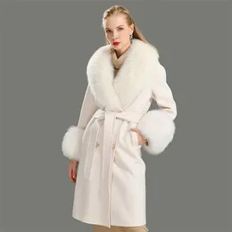 Wool Coat Women Pied De Poule Natural Fur Collar Cashmere Blends Long Outerwear Ladies Streetwear 211110