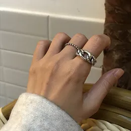 Koreansk enkel gata tung industri S925 sterling silver ring tjock hampa rep förskjutna ihåliga öppningar justerbara hip hop smycken