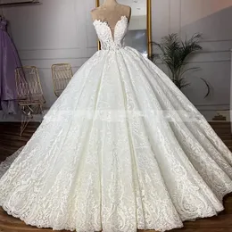 Princess Full Lace A Line Suknie Ślubne Suknie Balowe 2021 V Neck Puffy Train Plus Size Bridal Party Dress Vestidos de Novia